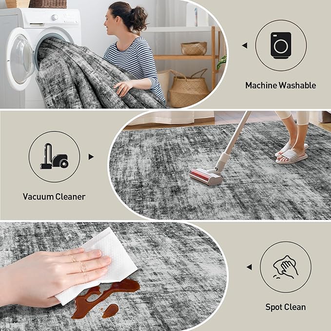 5x7 Area Rugs Washable Rug: Modern Abstract Living Room Rug Soft Anti-Skid Thin Carpet Indoor Floor Non-Shedding Carpets for Bedroom Dining Room Farmhouse Nursery Home Office - Black