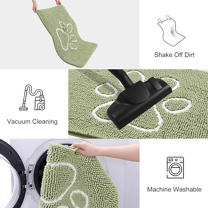 Smiry Dog Door Mat for Muddy Paws, Absorbent Dirt Trapper Non Slip Quick Dry Washable Chenille Mat for Mud Dogs, Entry Rug for Indoor and Outdoor (40x32 Inches, Sage Green and White)