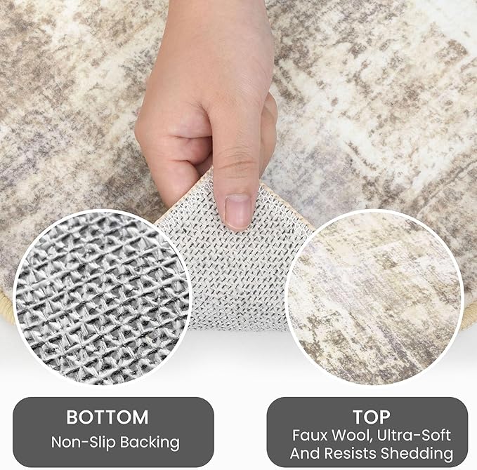 IOHOUZE Abstract Round Area Rug 8 Ft Washable Circle Rugs Large Round Rug Non Slip Thin Soft Circle Rugs, Printed Faux Wool Floor Carpet for Bedroom Living Room Dining Room Nursery, Beige Brown
