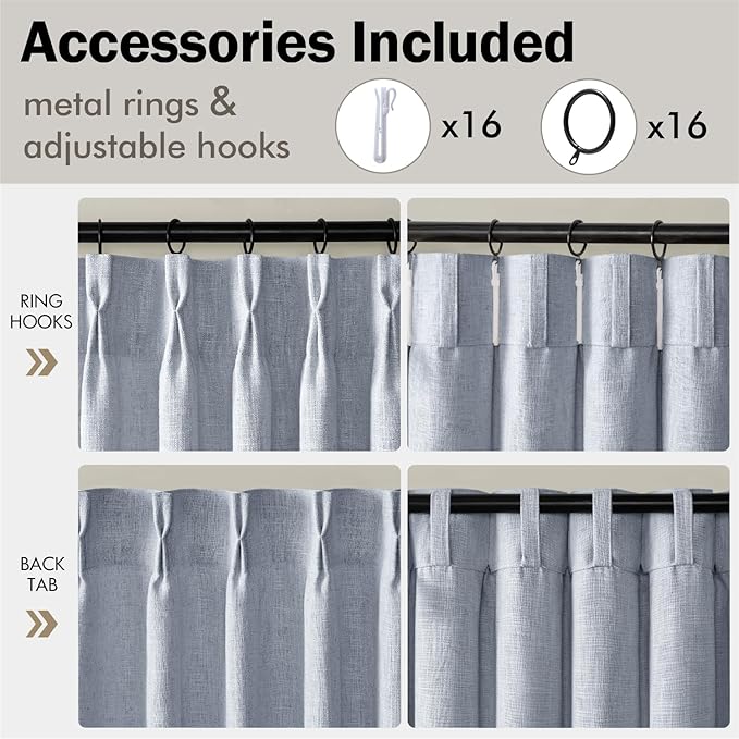 MIULEE Pinch Pleated Thick Linen Curtains 108 Inches Length 2 Panels for Living Room Bedroom, Extra Long Pinch Pleat Drapes Back Tab Light Filtering Light Blue Foor to Ceiling Curtains with Hooks
