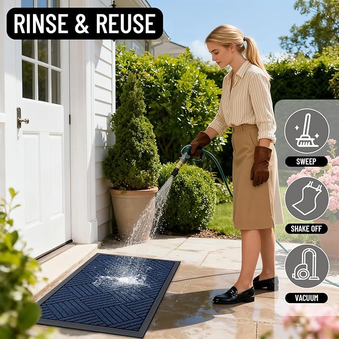OLANLY Front Door Mat Outside Entrance 59x23, Absorbent, Heavy Duty Sturdy Natural Rubber Doormat Indoor Outdoor, Stain Fade Resistant, Non-Slip Low Profile Floor Mat for Entryway, Navy Blue Diamond