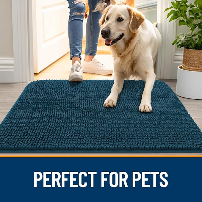 OLANLY Dog Door Mat for Muddy Paws 50x30, Absorbs Moisture and Dirt, Absorbent Non-Slip Washable Doormat, Quick Dry Chenille Mud Mat, Entry Indoor Entryway Carpet for Inside Floor, Atlantic Blue