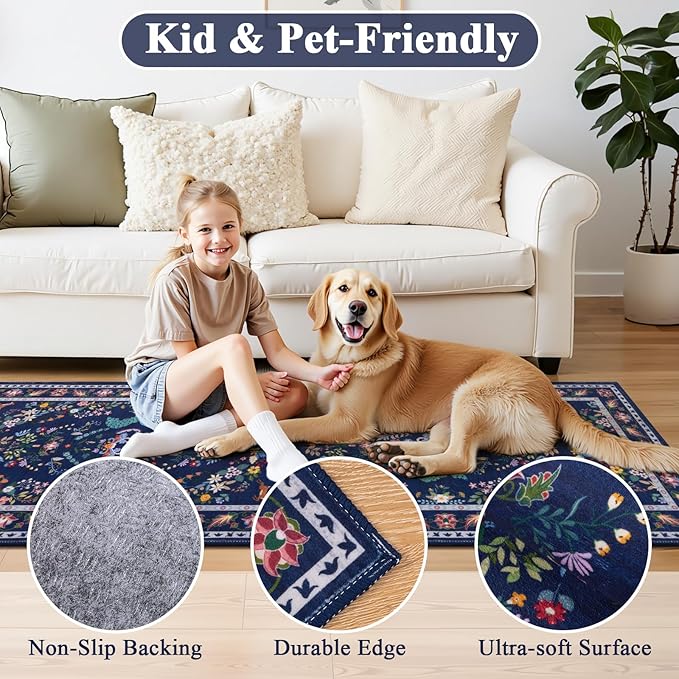 HEBE Washable Hallway Runner Rug 2'x 8' Non Slip Kitchen Rugs Runner,Low Pile Entryway Rug Laundry Room Mat Floral Carpet Runners for Hallways, Kitchen,Bathroom,Laundry,Bedside Rug