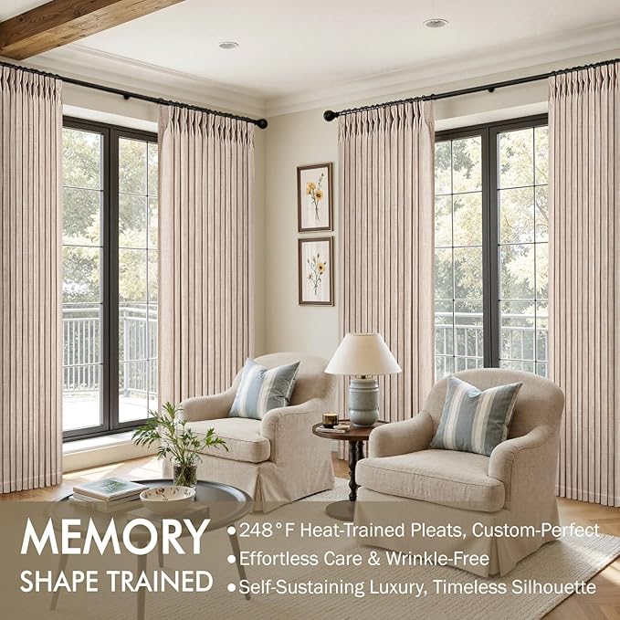 MIULEE Pinch Pleated Thick Linen Curtains 102 Inches Long 2 Panels for Living Room Bedroom, Linen Textured Drapes Pleat Back Tab Memory Trained Light Filtering Sand Beige Window Curtains with Hooks