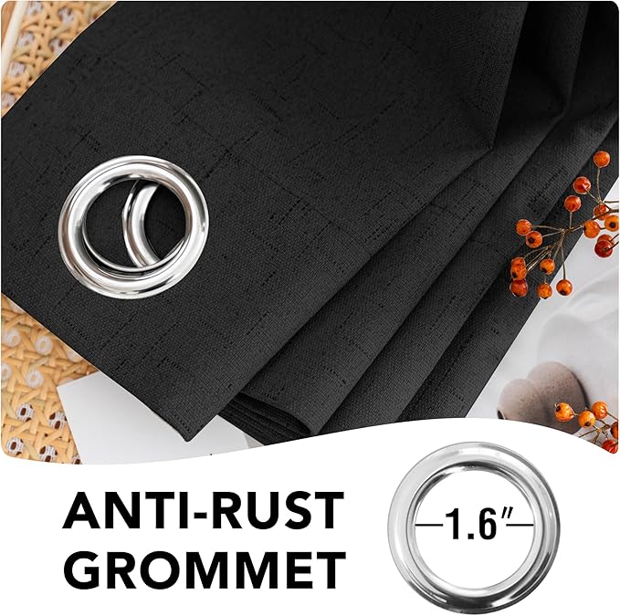 H.VERSAILTEX 100% Blackout Curtains for Bedroom Thermal Insulated Linen Textured Curtains Heat and Full Light Blocking Drapes Living Room Curtains 2 Panel Sets, Black, 52x45 Inch