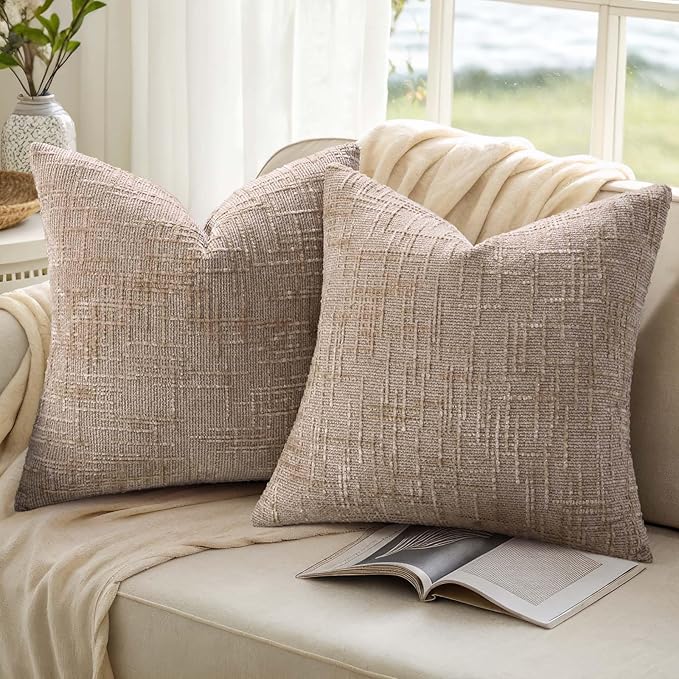 decorUhome Oatmeal Chenille Throw Pillow Covers 18x18 Set of 2 Textured Soft Cozy Slubby Couch Pillow Covers Modern Farmhouse Boho Decorative Pillow Cases for Bed Sofa Living Room