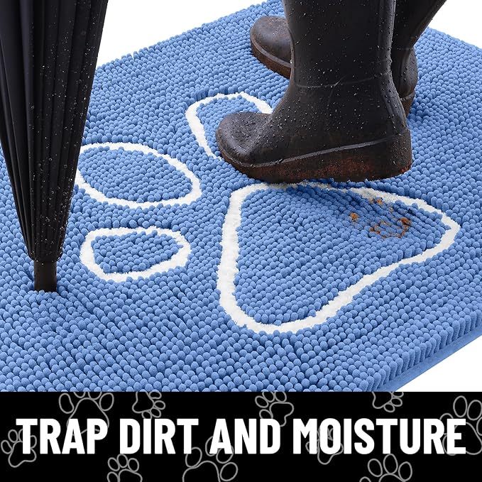 Smiry Dog Door Mat for Muddy Paws, Absorbent Dirt Trapper Non Slip Quick Dry Washable Chenille Mat for Mud Dogs, Entry Rug for Indoor and Outdoor (48x30 Inches, Cornflower Blue)