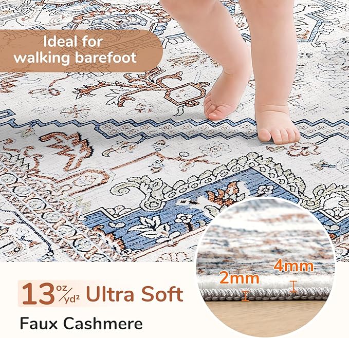 OPPODREAM Soft Neutral Area Rugs 3x5, Washable Rugs with Non Slip Backing, Low-Pile Throw 3x5 Carpet, Faux Cashmere 3 x 5 Carpet, Cream White & Blue & Light Brown