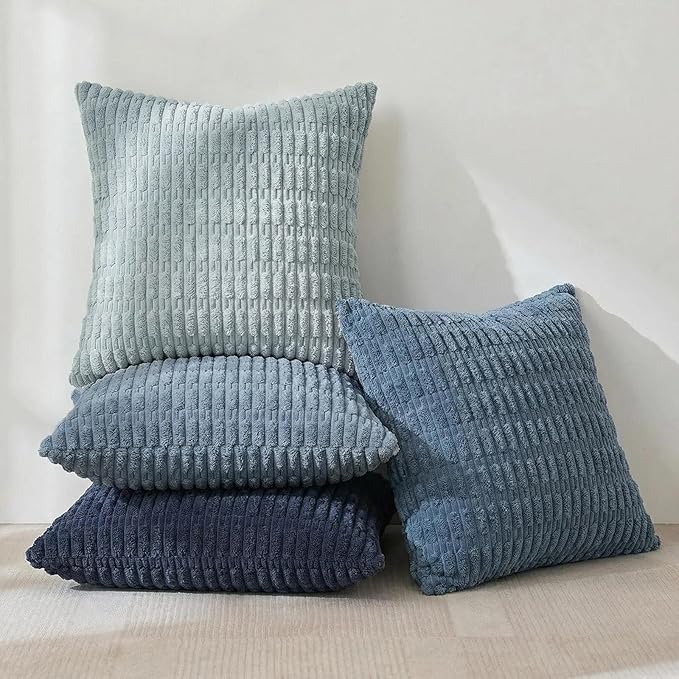 Fancy Homi Set of 4 Blue Decorative Throw Pillow Covers 20x20 Inch for Couch Bed Chair, Modern Farmhouse Boho Room Decor, Soft Fuzzy Corduroy Textured Striped Coastal Blue Cushion Case 50cm