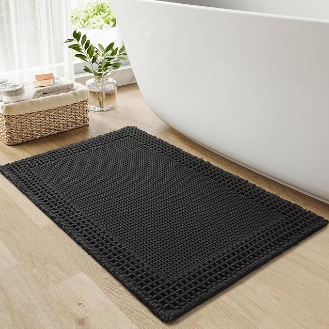 RESARE Waffle Bathroom Runner Rugs, Super Absorbent Bath Mat Non Slip Washable Quick Dry, Upgraded Ultra Soft Boho Bath Rugs with Tassels for Hallway Bedroom Laundry Room, 20"x32" Black