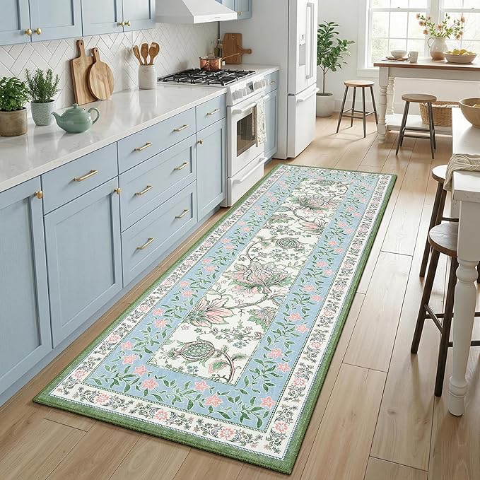 GarveeHome Blue Green Pink 8x10 Area Rugs for Living Room, Botanical Grove Cottagecore Washable Rug for Bedroom Dining Nursery Low-Pile Vintage Large Carpet