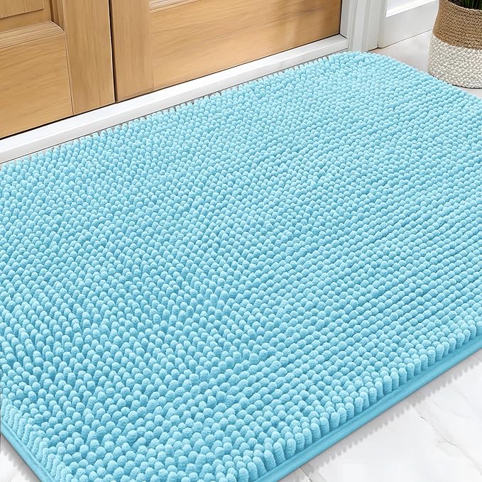 OLANLY Dog Door Mat for Muddy Paws 32x20, Absorbs Moisture and Dirt, Absorbent Non-Slip Washable Doormat, Quick Dry Chenille Mud Mat for Dogs, Entry Indoor Entryway Carpet for Inside Floor, Blue