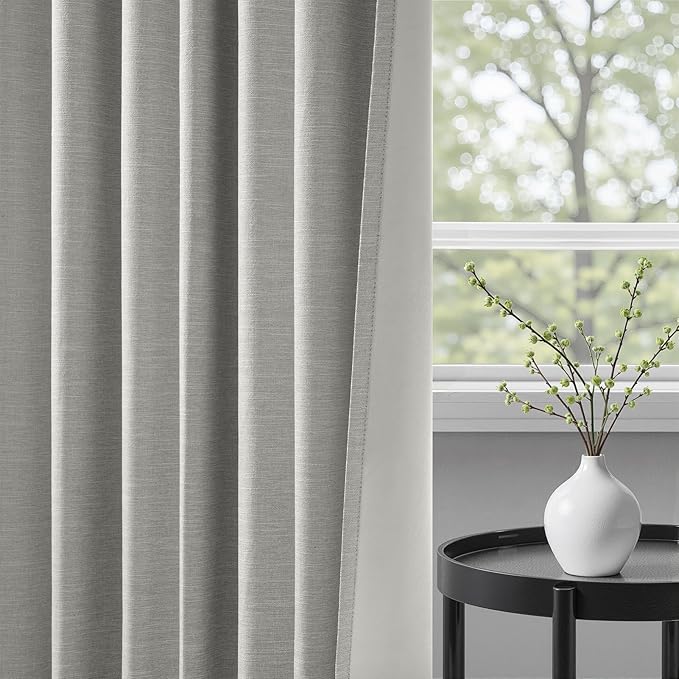 Frost Grey Blackout Linen Curtains 96 Inches Long 2 Panels for Bedroom 100% Black Out Curtains Thermal Insulated Noise Reducing Neutral Modern Living Room Darkening Window Drapes 96 inches Length