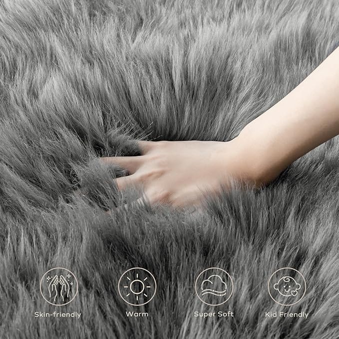 Ashler Faux Fur Rug - Fluffy Shaggy Area Rug, Ultra Soft 2 x 3 Feet Rectangle, Dark Grey Fuzzy Machine Washable Shag, Nursery Decor Throw for Bedroom, Living Room