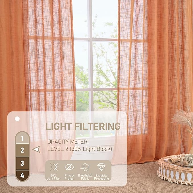 LAMIT Burnt Orange Linen Curtains 30 Inch Length for Cafe, Semi Sheer Light Filtering Panels Back Tab and Rod Pocket Small Window Drapes for Basement, 2 Panels, 34 x 30 Inch