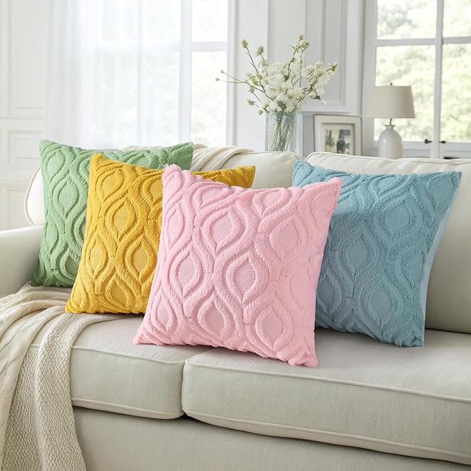 decorUhome Summer Throw Pillow Covers 18x18 Inch Set of 2, Soft Plush Faux Wool Aqua Solid Couch Pillow Covers, Accent Farmhouse Neutral Square Pillow Cases for Sofa Bed Living Room