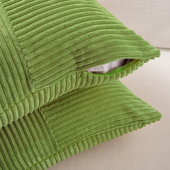 Fancy Homi Set of 2 Lime Green Lumbar Decorative Throw Pillow Covers 14x24 Inch for Couch Bed, Modern Farmhouse Boho Home Decor, Soft Striped Corduroy Rectangle Accent Cushion Case 35x60 cm