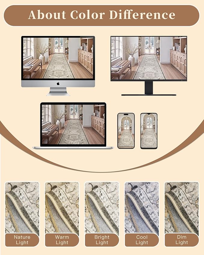 Madane Hallway Runner 3x8, Kitchen Rugs Washable Entryway Rug Vintage Kitchen Runners Non Slip Indoor Area Rug Farmhouse Carpet Runner for Bathroom Living Room Bedroom (3 X 8, Ivory/Brown)