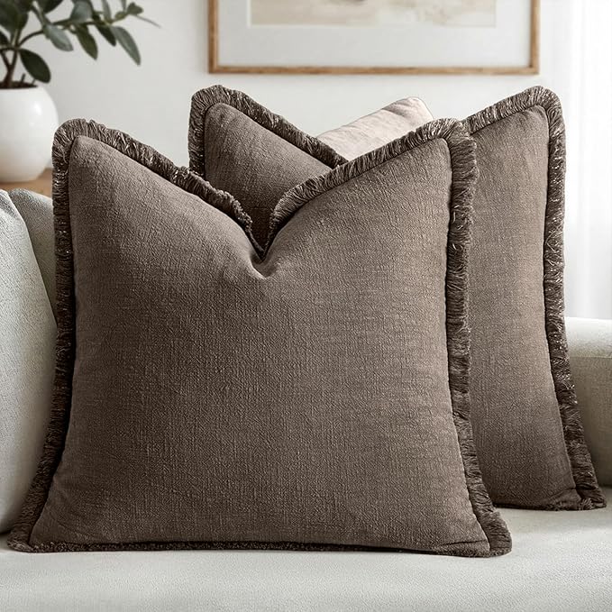 MIULEE Decorative Throw Pillow Covers Neutral Linen Fringe Throw Pillows Set of 2 Natural Coffee Boho Farmhouse Cushion Covers with Tassels for Couch Sofa Bed Living Room Spring Decor 18x18 Inch