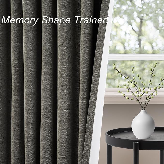 Grey Linen Black Out Curtains 96 Inches Long 2 Panels Set for Sliding Glass Doors Modern Cottage Room Darkening Pleat Dark Gray Aesthetic Drapes Soundproof Privacy 8 FT Window Curtain for Office Burg