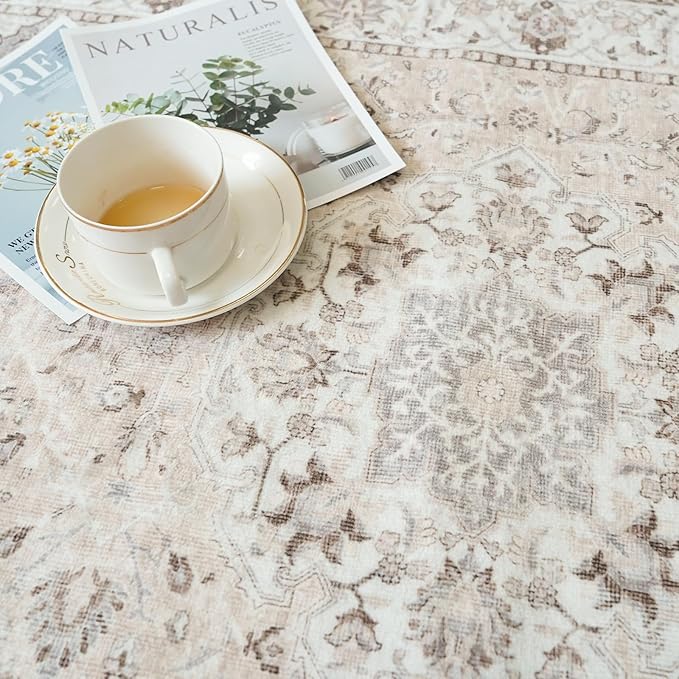 Hallway Washable Runner Rug - 2x7 Kitchen Rugs Entryway Rug Runner Vintage Soft Floor Mat Non Slip Indoor Farmhouse Carpet for Bathroom Living Room Bedroom (2 X 7, Beige)