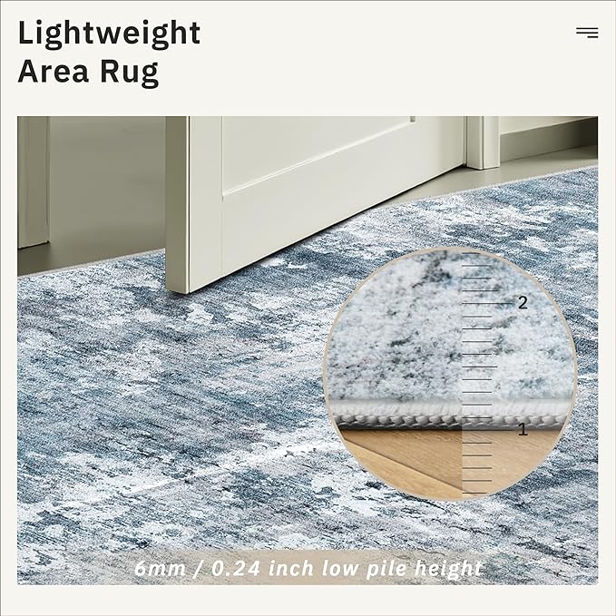 12x15 Washable Area Rug Blue/Grey Neutral Abstract Living Room Large Carpet Non Slip Bedroom Indoor Office Dining Room Low Pile Thin Rug