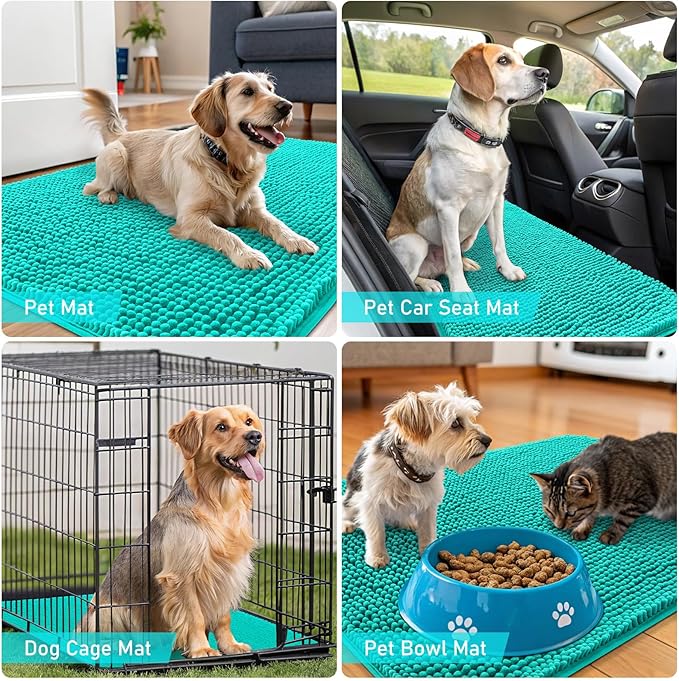 OLANLY Dog Door Mat for Muddy Paws 47x32, Absorbs Moisture and Dirt, Absorbent Non-Slip Washable Doormat, Quick Dry Chenille Mud Mat for Dogs, Entry Indoor Entryway Carpet for Inside Floor, Teal