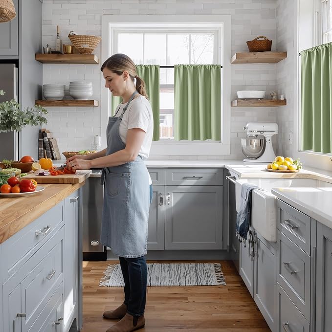 RYB HOME 100% Blackout Short Curtains for Small Window, Thermal Insulated Total Room Darkening Noise Reducing Curtains for Kitchen Bathroom Basement, 42 inches Wide by 36 inches Long, Sage Green
