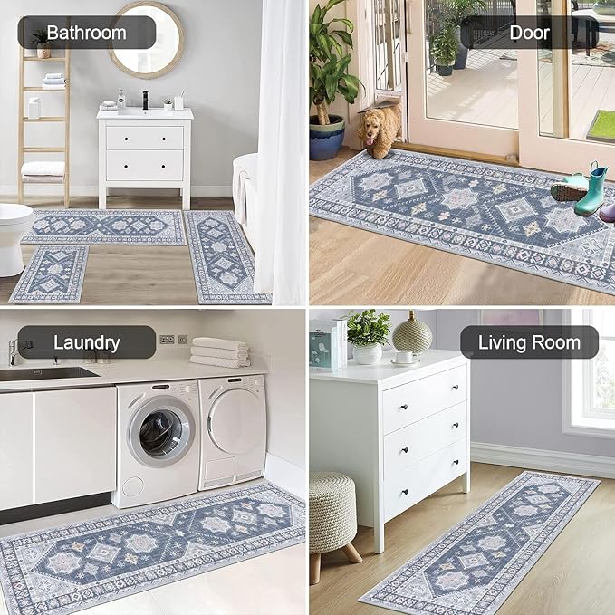 HEBE Boho Kitchen Rug Sets 3 Piece with Runner Non Slip Kitchen Rugs and Mats Washable Kitchen Mats for Floor Thick Kitchen Floor Mat Carpet Runner Rugs for Hallway Laundry Holiday Decor