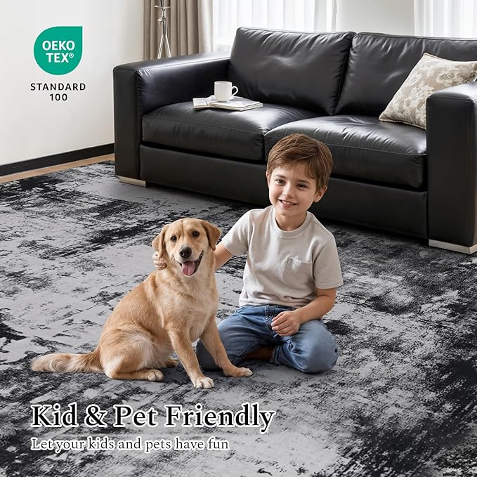 Rugflix 8x10 Area Rugs for Living Room, Black Grey Large Rug Stain-Resistant Low Pile, Big Washable Dark Carpet Non-Slip for Bedroom Dining Room Home Office Nursery Room