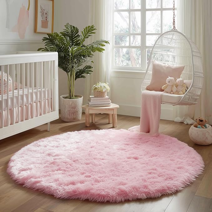 Pink Fluffy Round Rug 5Ft for Girls Bedroom Decor Aesthetic, Shaggy Circle Area Rugs for Kids Room Living Room, Cute Fuzzy Carpet for Nursery, Dorm, Classroom, Teen, Princess, Comfy Baby Playroom Rug