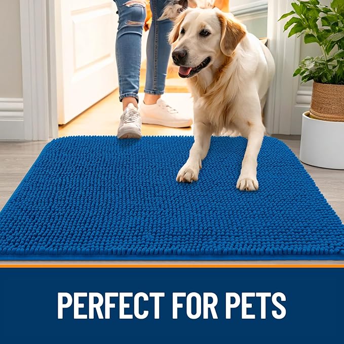 OLANLY Dog Door Mat for Muddy Paws 32x20, Absorbs Moisture and Dirt, Absorbent Non-Slip Washable Doormat, Quick Dry Chenille Mud Mat, Entry Indoor Entryway Carpet for Inside Floor, Deep Navy Blue