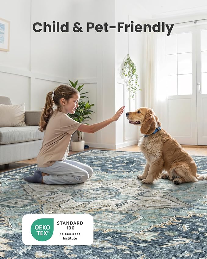 AMADA HOMEFURNISHING 2'6"x8' Washable Area Rug, Low-Profile Entryway Rug with Non-Slip Backing & Durable Edge Binding, Vintage Rug Pattern, Small Rugs for Entryway, Kitchen & Living Room