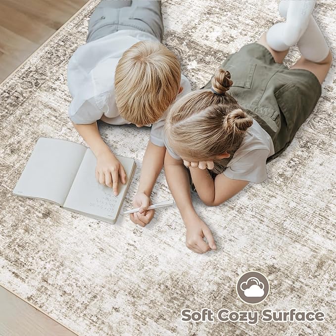 Area Rug 4x6 Washable Rug, Vintage Boho Medallion Rugs Non-Slip Soft Low Pile Distressed Rug Indoor Retro Carpet for Living Room Bedroom Dining Room Home Office (Taupe, 4'x6')