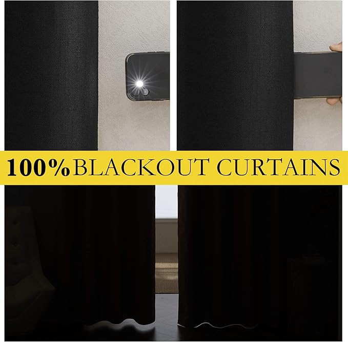 NICETOWN Vintage Open Linen Weave Flax Thermal Curtains, 100% Blackout Curtains 90 inches Long for Dining Room, Soundproof Window Treatment Drapes for Hall Room, Black, 52" Wide Per Panel, Set of 2