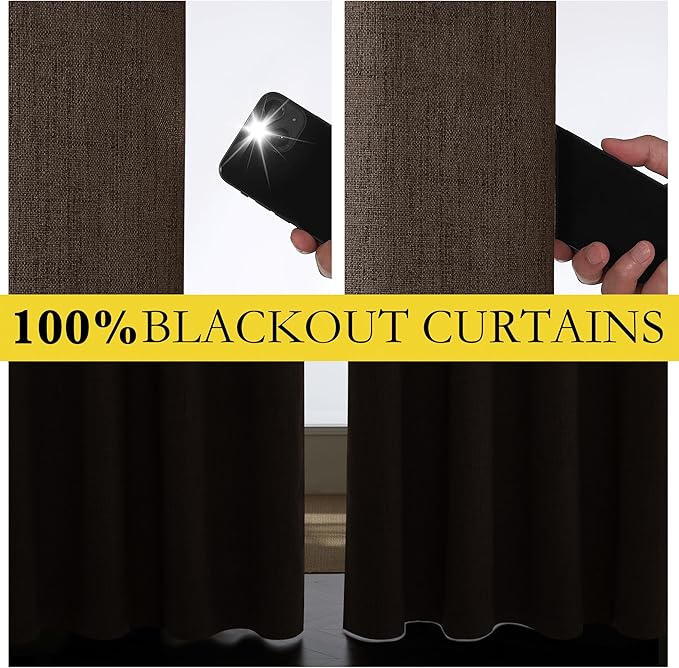 NICETOWN Coffee Vintage Linen 100% Blackout Curtains for Living Room, Thermal Insulated Curtains 108“ Long, Noise Reducing Window Treatment Drapes for Home Office, 62" Wide Per Panel, Set of 2