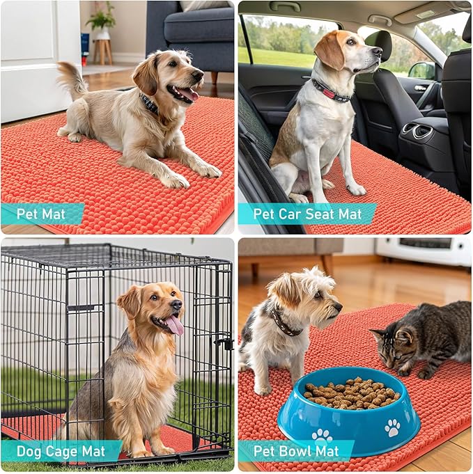 OLANLY Dog Door Mat for Muddy Paws 54x24, Absorbs Moisture and Dirt, Absorbent Non-Slip Washable Doormat, Quick Dry Chenille Mud Mat for Dogs, Entry Indoor Entryway Carpet for Inside Floor, Coral
