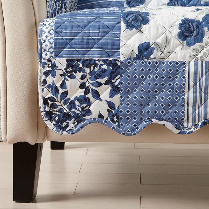 Great Bay Home Reversible Patchwork Sofa Cover - Washable Slipcover Furniture Protector with Elastic Straps - Perfect for Kids & Pets - Box-Stitched Detail (Navy)