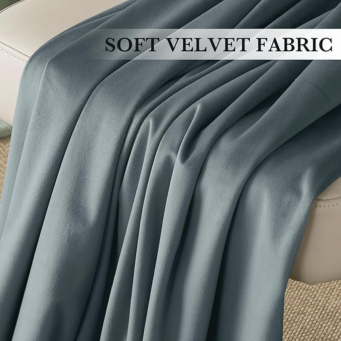 RYB HOME Dusty Blue Velvet Drapes for Baby Boy Bedroom, Thermal Insulated, Light Blocking, Floor-Length Velvet Curtains with Hook Belt for Modern Home Decor, 52" W x L96 L, 2 Panels Set