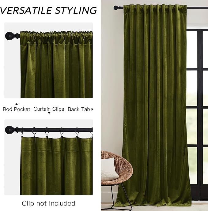 RYB HOME Green Velvet Curtains 72 inches with Hook Belt, Soft Fabric Room Darkening Thermal Insulated Luxurious Home Decor Curtains for Living Room Bedroom, W 52" x L 72", 2 Panels Set