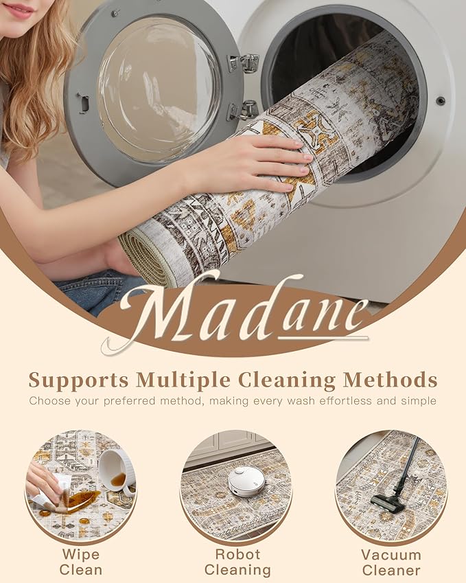 Madane Hallway Runner Rug 3x16 - Vintage Non Slip Washable 16ft Kitchen Runner for Entrance Soft Long Carpet Runners for Living Room Bathroom Low Pile Floor Mat for Bedroom Dining Room, Brown/Gold