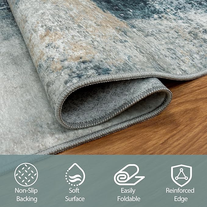 10x14 Area Rugs for Living Room Rug Washable: Abstract Large Rug Indoor Modern Carpet Non Slip for Dining Room Bedroom Nursery Home Office Teal Grey Gold