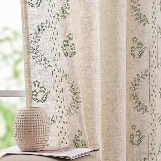 jinchan Belrose Linen Curtains for Bedroom Floral Curtains 90 Inch Length Linen Blend Sage Green Embroidered Drapes Farmhouse Flower Patterned Drapes for Living Room Window Treatments Set 2 Panels