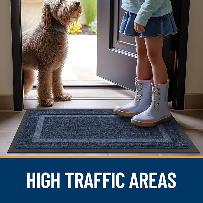 OLANLY Front Door Mat Indoor Outdoor Entrance, Waterproof All-Season, All-Weather Doormat, Sturdy Natural Rubber, Fade Resistant, Low Profile, Easy Clean Patio Porch Entryway Mat, 23.5x15.5, Blue