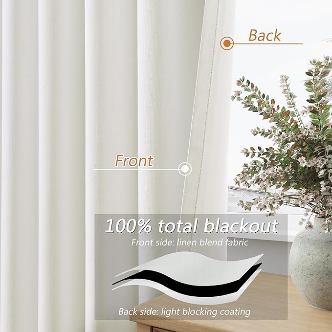 Guken Ivory 100% Blackout Linen Curtains 72 Inch Length 2 Panels Set for Living Room Bedroom Back Tab Thermal Insulated Black Out Drapes Room Darkening Window Curtains 40 Wide