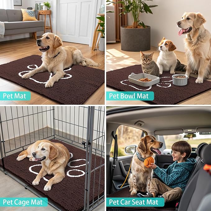 Smiry Dog Door Mat for Muddy Paws, Absorbent Dirt Trapper Non Slip Quick Dry Washable Chenille Mat for Mud Dogs, Entry Rug for Indoor and Outdoor (59x32 Inches, Brown and White)