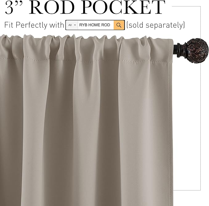RYB HOME Blackout Privacy Bathroom Window Curtains, Short Thermal Insulated Heat Blocking Privacy Rod Pocket Half Window Curtain Tiers for Nursery Bedroom, Width 42 by Length 30, Sand, 2 Panels