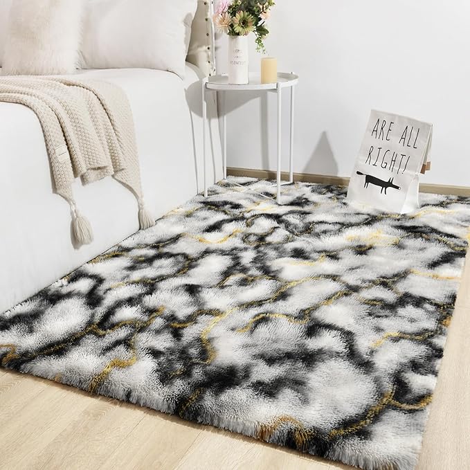 TWINNIS Super Soft Shaggy Rugs Fluffy Carpets, 4x5.9 Feet, Indoor Modern Plush Area Rugs for Living Room Bedroom Kids Room Nursery Home Decor, Upgrade Anti-Skid Rectangular Fuzzy Rug, Grey Gold