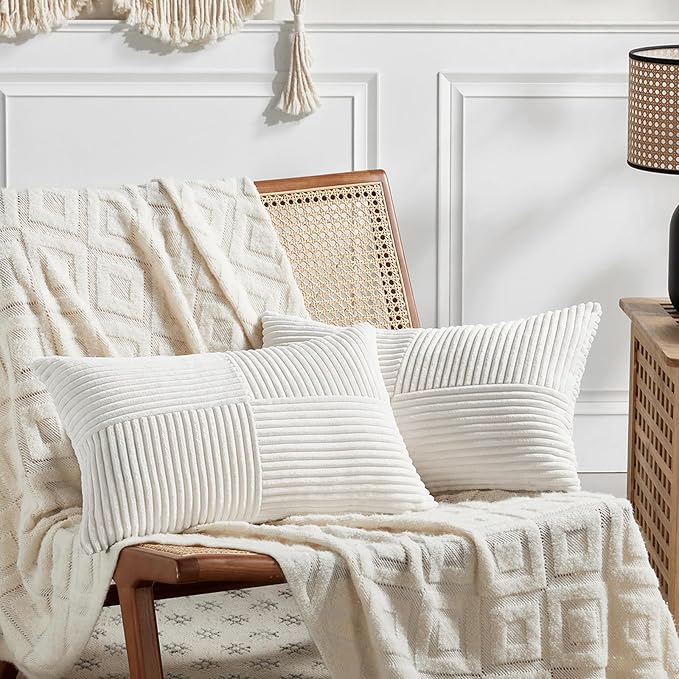 Fancy Homi 2 Packs Cream White Lumbar Decorative Throw Pillow Covers 20x28 Inch for Couch Bed Sofa, Rustic Farmhouse Boho Home Decor, Soft Striped Corduroy Rectangle Accent Cushion Case 50x70 cm