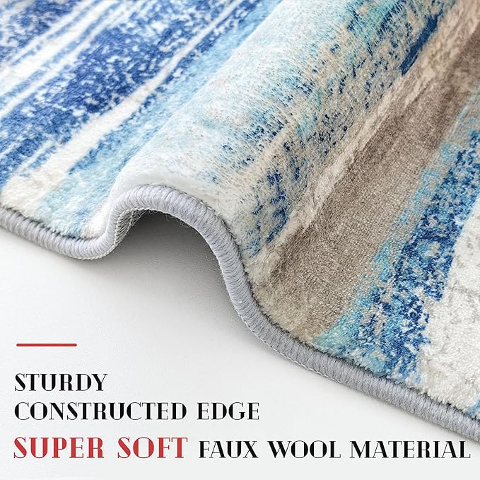 Lansny Modern Abstract Runner Rug 2.6x10, Blue Washable Long Kitchen Runner Non-Slip Soft Hallway Rug Runner Thin Print Faux Wool Carpet for Entryway Bedroom Laundry Room Indoor Home Decor